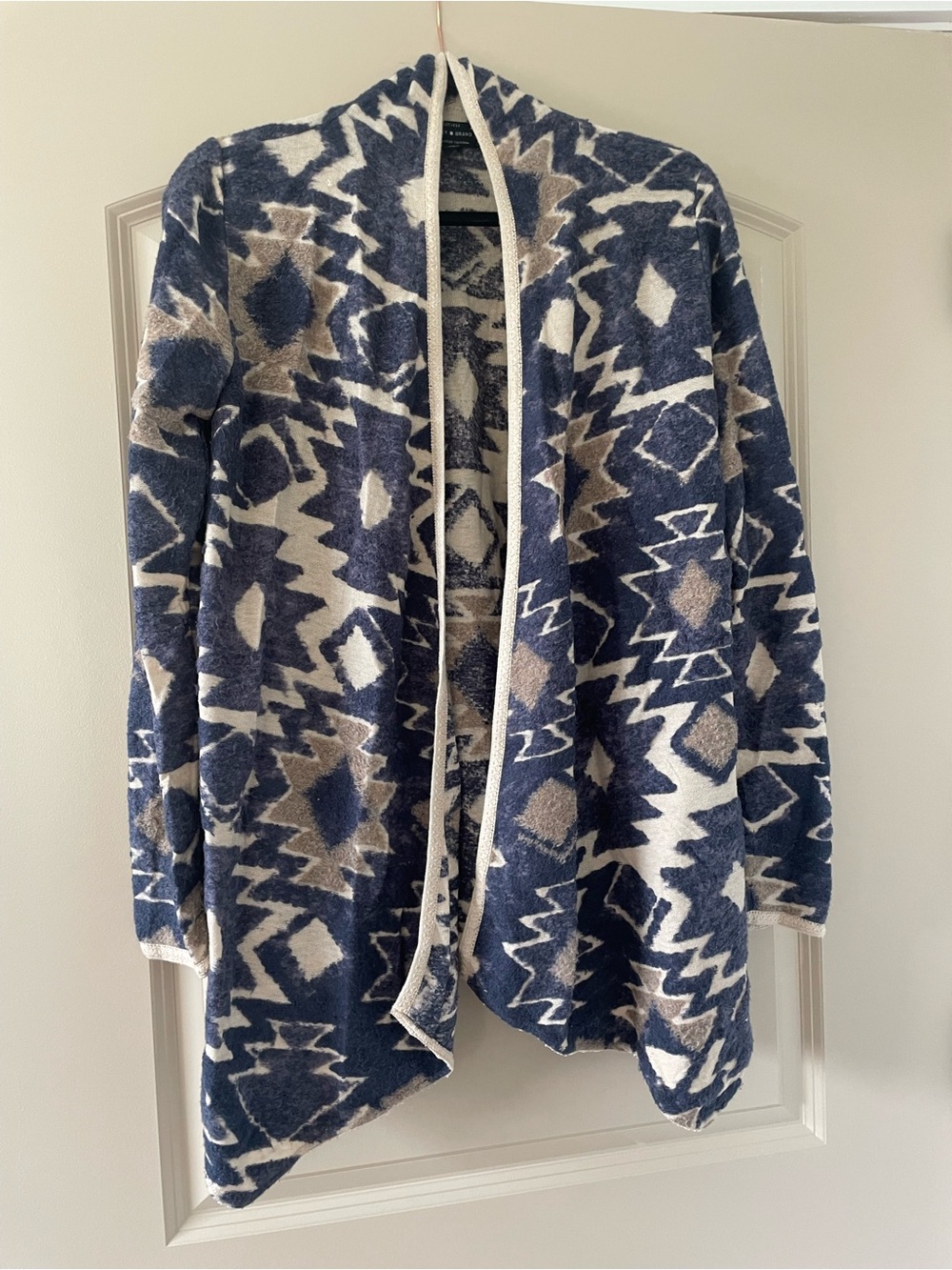 Lucky Brand Navy, Cream & Brown Geometric Open-Front Cardigan